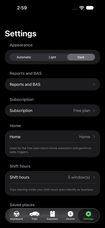 Settings screen with appearance, subscription, home place and shift hours.